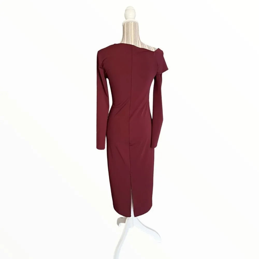 ZARA Maroon Asymmetrical Midi Dress Size M Cutout Detail - Picture 9 of 9
